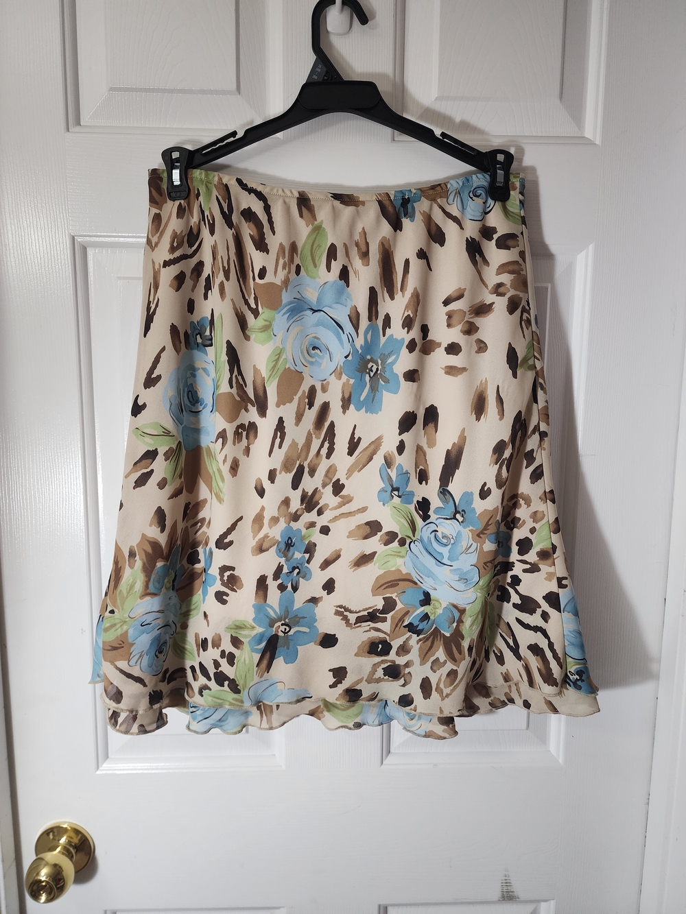 I.N. Studio Cream Skater Skirt with Blue Floral and Brown Animal Print Sz L